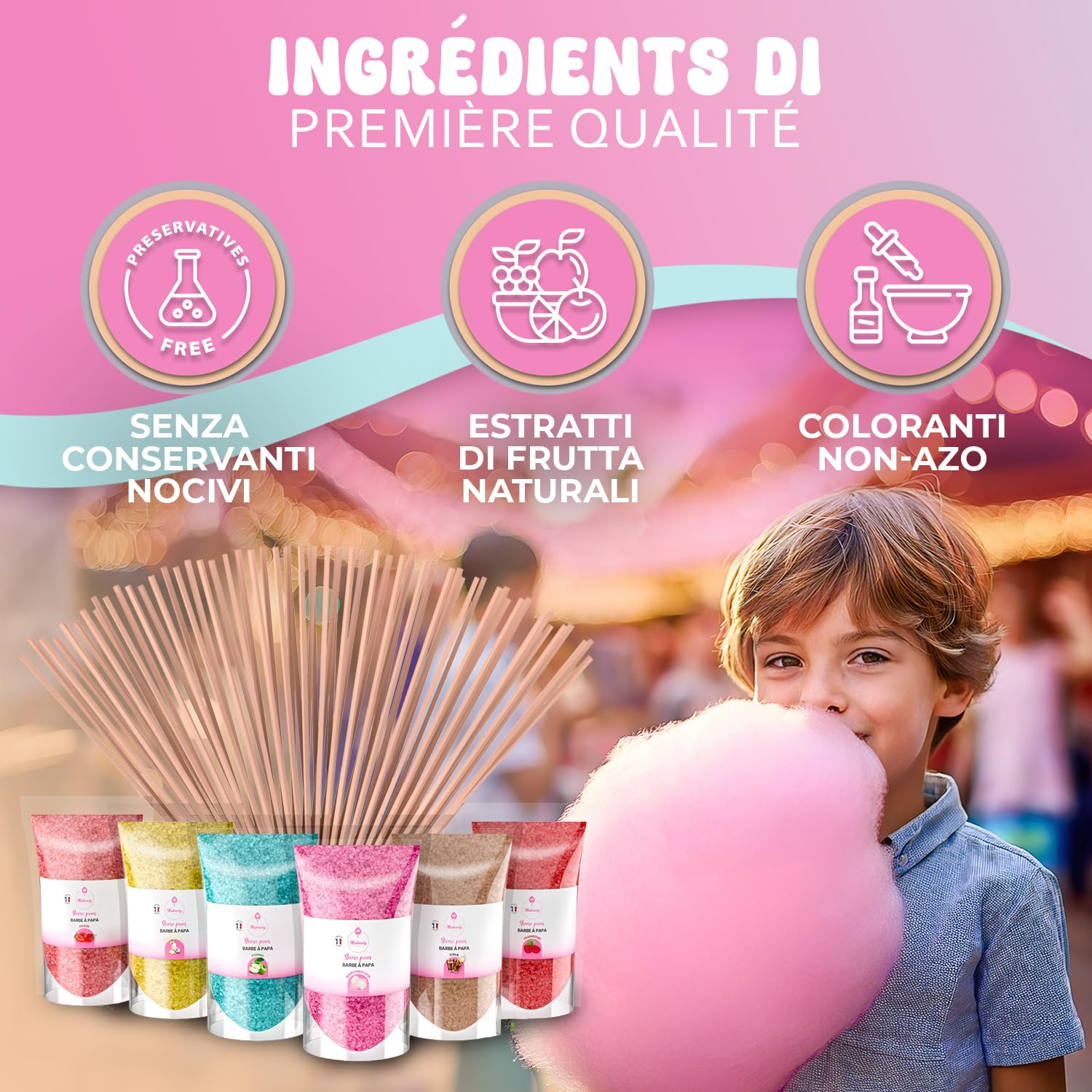 Misskandy, zucchero filato per macchina/lotto da (6 * 160g) / aromi: fragola, marshmallow, pina colada,mela, cola, lampone + 20 bastoncini