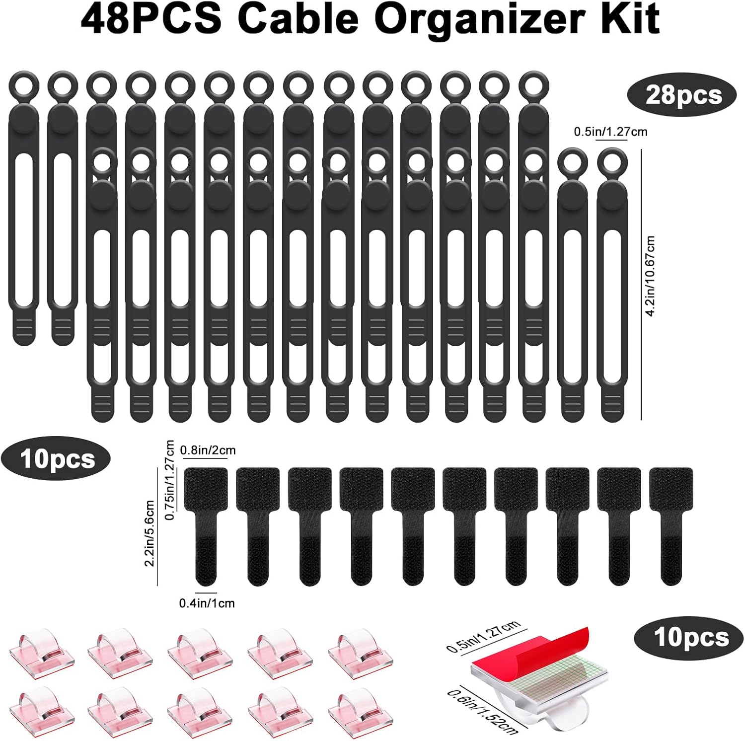 48Pcs Cord Organizer Kit, Reusable Elastic Silicone Cable Ties, Strong Adhesive Cable Clips for Cable Management, Multipurpose Wire Management for Bundling and Fastening Various Wires (Black）