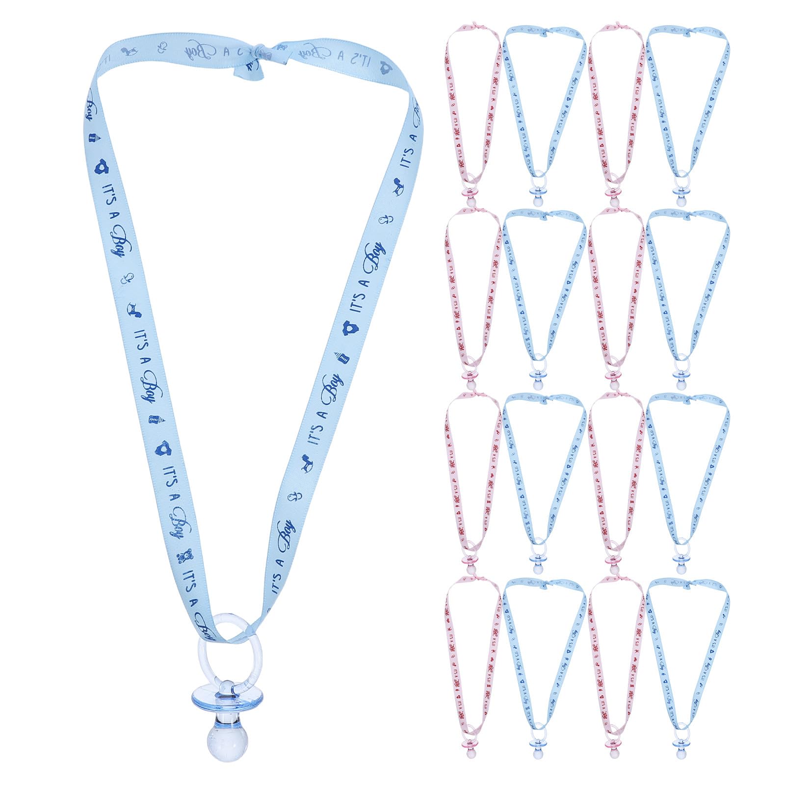 Lurrose Collana con 36 ciucci per baby shower - Bomboniere per feste con ciucci in acrilico - Collana con ciondoli in plastica per decorazioni da tavolo per baby shower, rosa, blu
