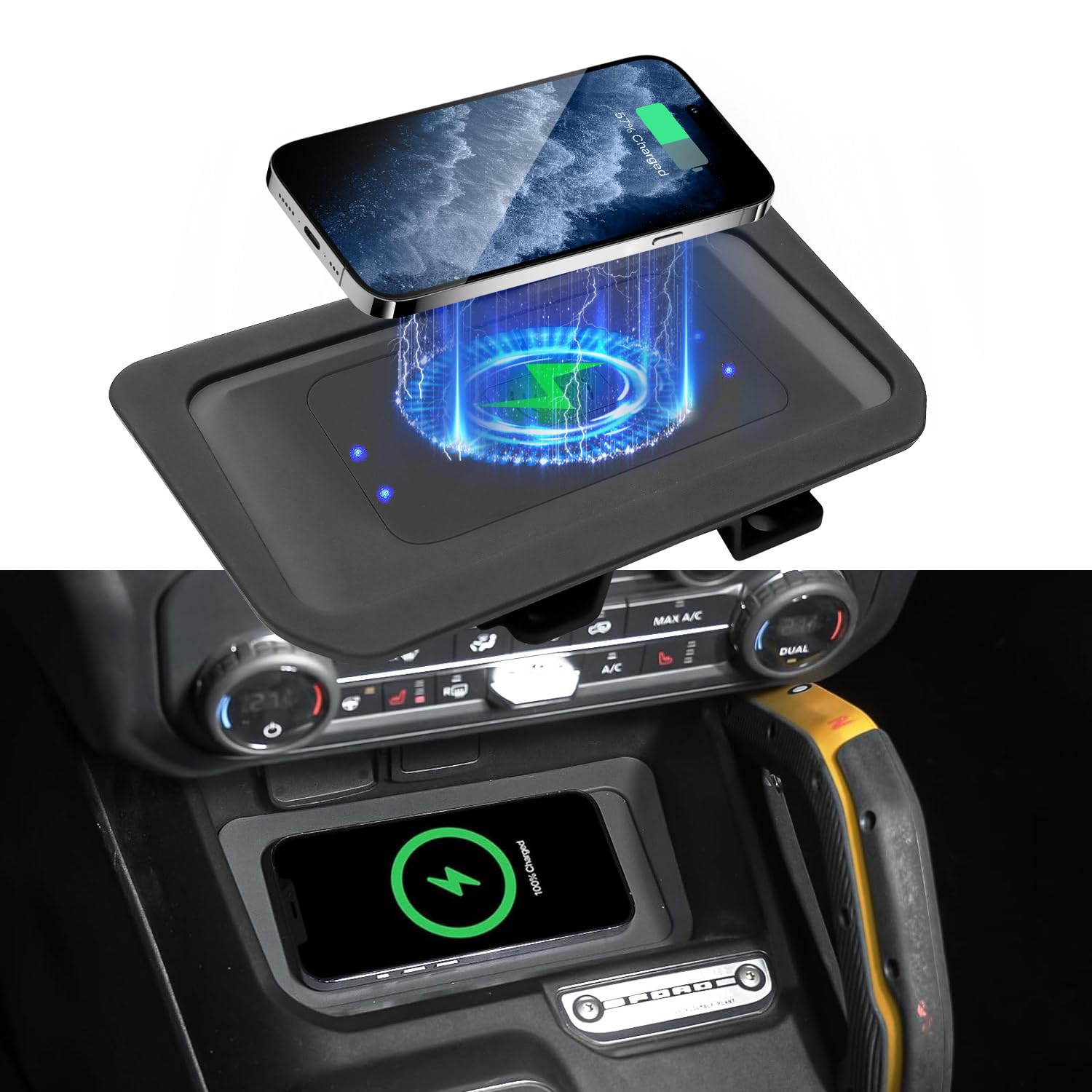 20W Wireless Charging Pad fit for Ford Bronco 2021 2022 2023 2024 2025 2/4-Door Console Wireless Charger Fit for Bronco Accessories Metal Heat Dissipation Without Noise