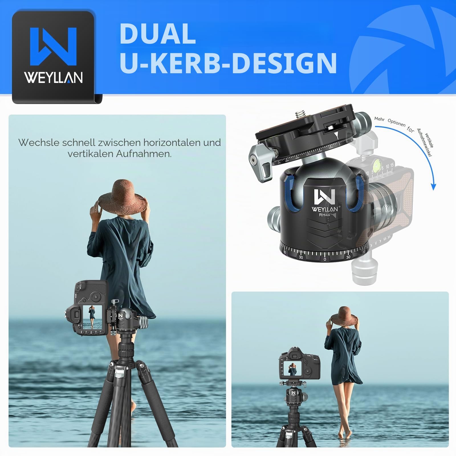 WEYLLAN Doppelter Panorama Low Profile Kugelkopf für 360 °drehbar,Stativkopf mit Schnellwechselplatte 1/4 Arca Swiss QR-Platte, Portable für Einbeinstativ, Camcorder, max. Belastung 25kg.