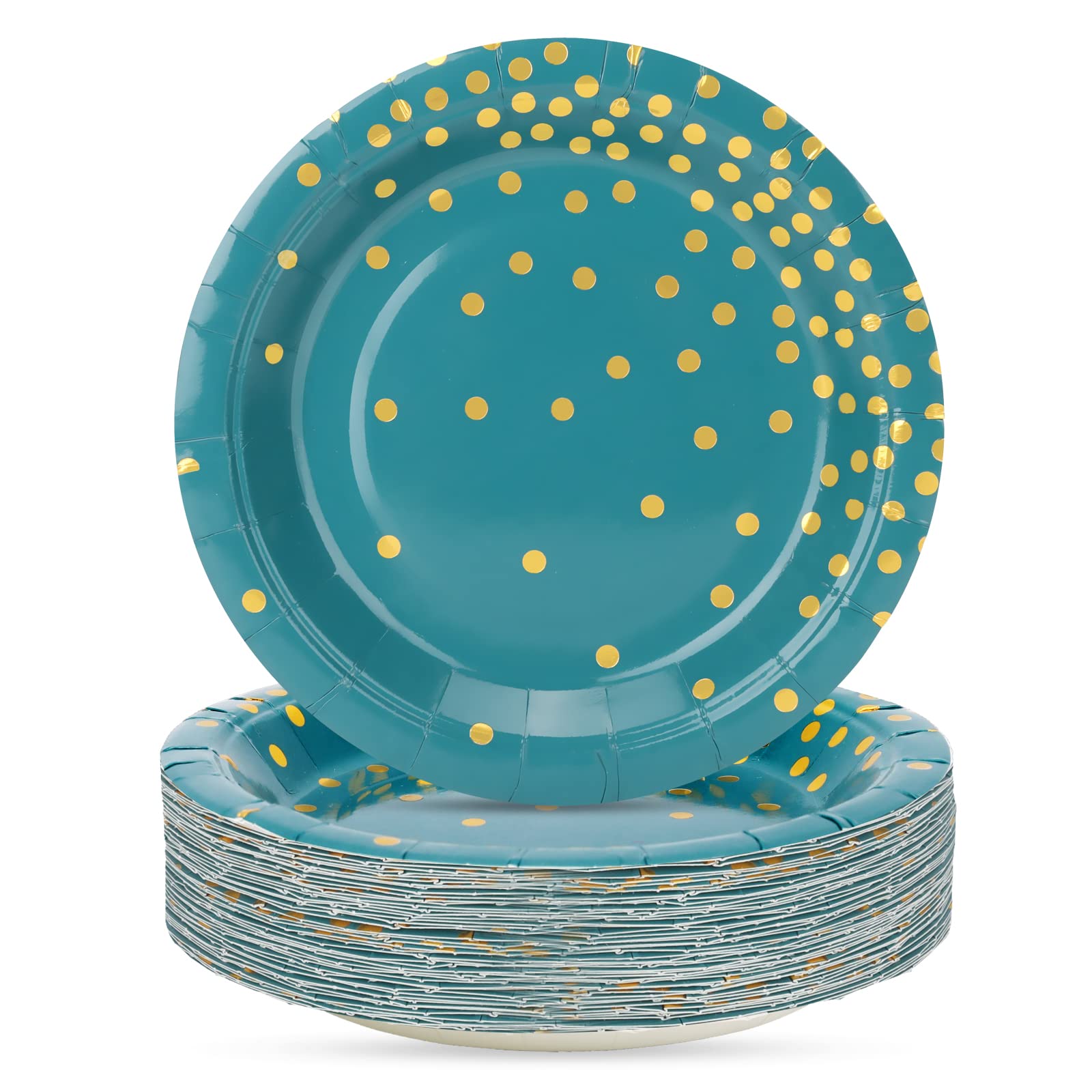 CENLBJ Blue Green and Gold Paper Plates,50pcs 7inch Gold Dot Party Dessert Plates,Disposable Foil Polka Dots Paper Plate for Father's Day,Independence