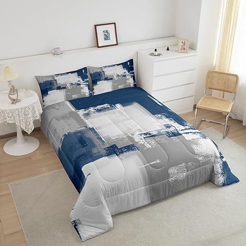 Miniatura 3 de Juego de edredón de acuarela azul marino, tamaño Queen, juego de ropa de cama con grafiti gris y blanco para niños y niñas, relleno de edredón de