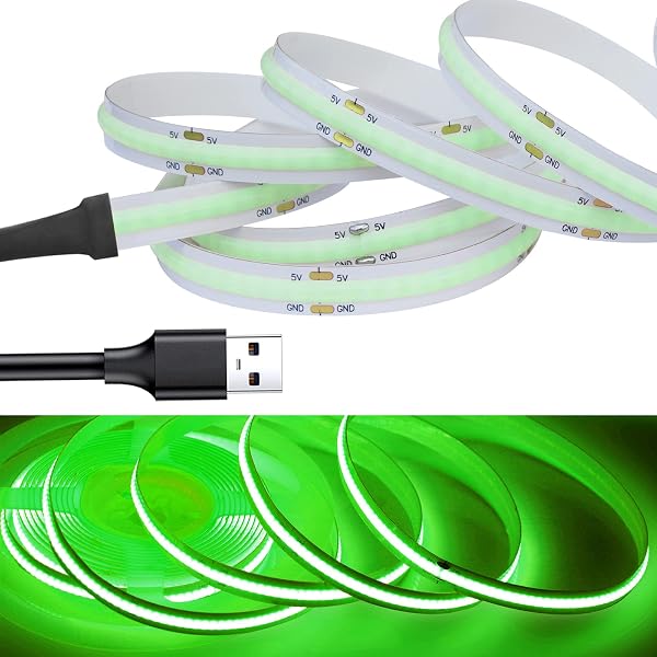 LEKE COB テープライトLEDストリップライトフレキシブル 高密度 LEDテープライト 2m 320LEDs/m 緑色ライト DC5V 180°発光CRI>=90,両面テープ変形可能 切断可能 寝室 キッチンホーム オフィス屋内装飾 (緑色ライト,2m) - 1