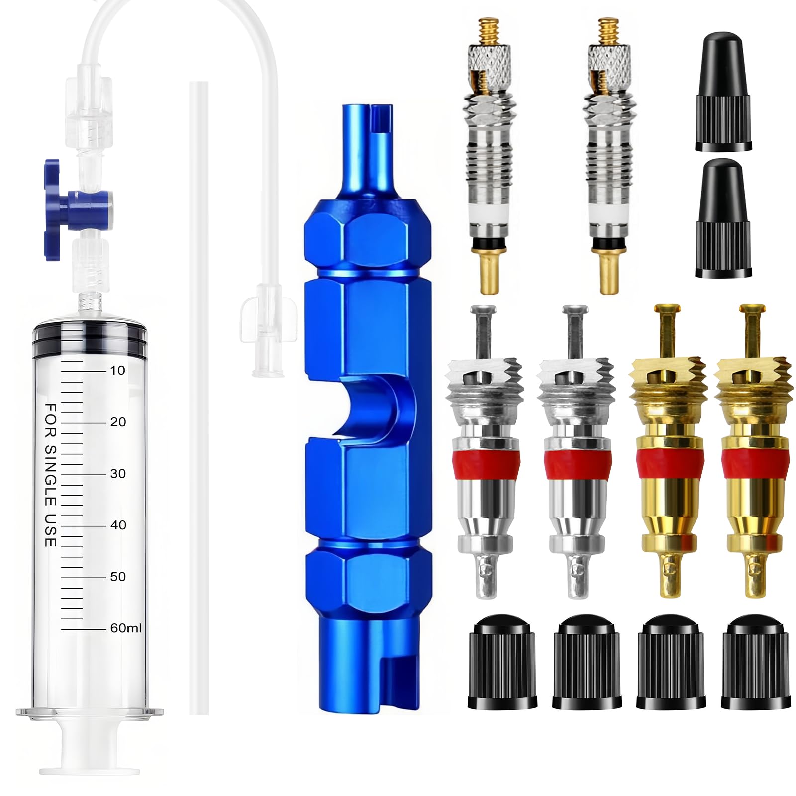 Seconero Tubeless Sealant Injector, Bike Tire Sealant Injector Syringe 60ml with Valve Core Removal Tool for Bike, Valve Core and Valve Cap Set, Bike Injector Kit for Mountain Bicycle Road Bike MTB