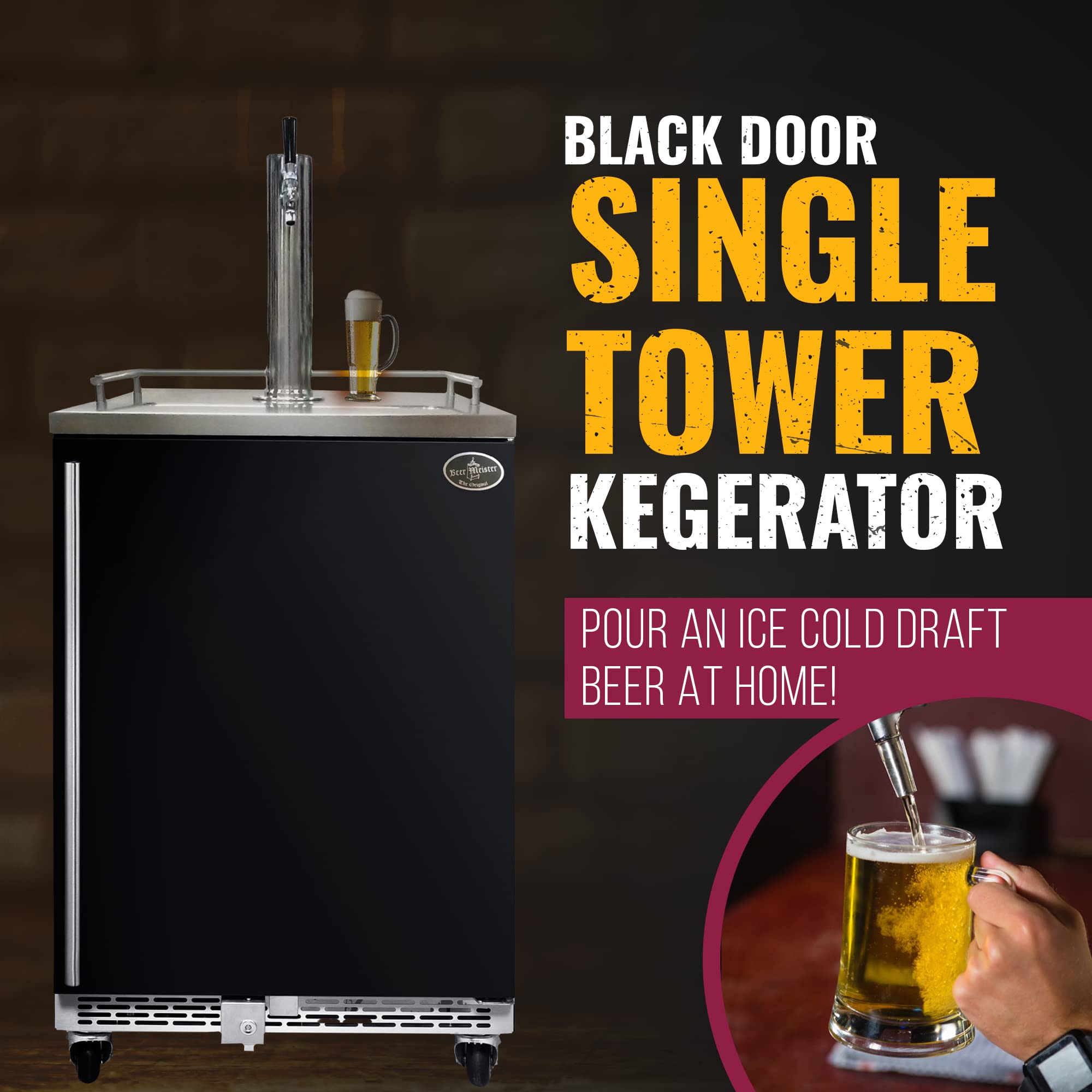 Beer Meister - Beer Kegerator Premium Series, Draft Beer Dispenser For Home Bar, Beer, Wine, & Bar Soda Dispenser System, Single Tower w/Black Stainless Door, 24.88 x 23.88 x 39.25 inches on Fridge.com