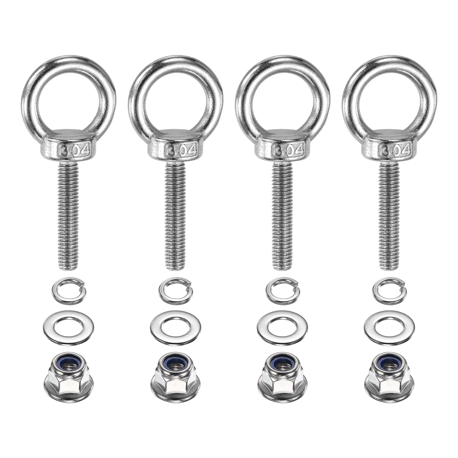 PATIKIL M6 x 30mm Shoulder Eye Bolt, 4 Pcs 304 Stainless Steel Lifting Ring Threaded Eye Bolt with Flange Lock Nuts Spring and Flat Washers for Hanging Tie Down Straps Outdoor Indoor