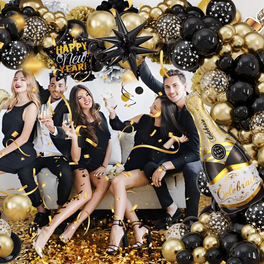 Amazon.com: 2026 Happy New Year Party Decorations - 130pcs Black and Glod  Balloon Garlands Arch Kit, Large Bottle Foil Balloon New Years Eve Party  Background Anniversary Graduation Home Supplies (Black Gold) :