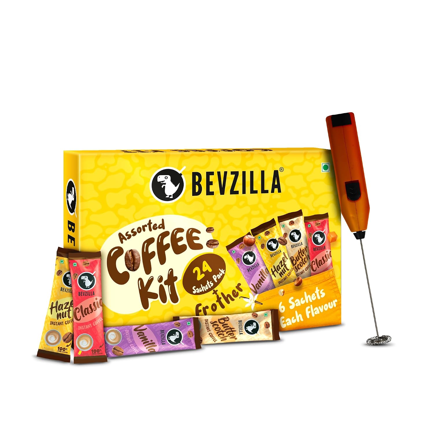 Bevzilla 24 Coffee Sachets & Frother | 2g Each Sachet | 6 Pouches Each Flavour | Cafe Coffee Kit | Classic, Hazelnut, Vanilla & Butterscotch Flavors | Arabica Beans | Enjoy Hot & Cold | 48g