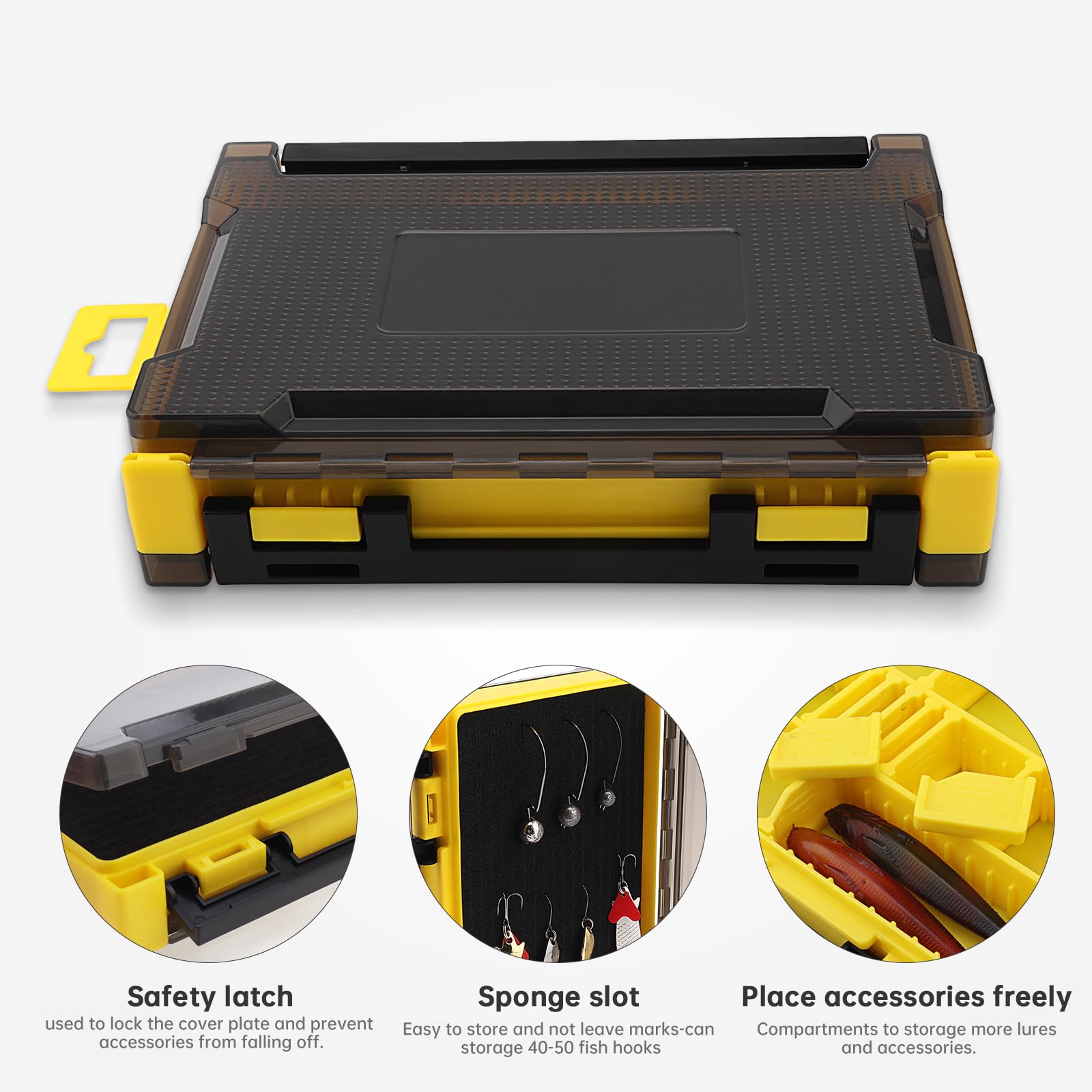 Caja organizadora doble cara para accesorios de pesca, 20,5 x 14,5 x 4,5 cm, con compartimentos y ranuras de esponja, translúcida y resistente al agua
