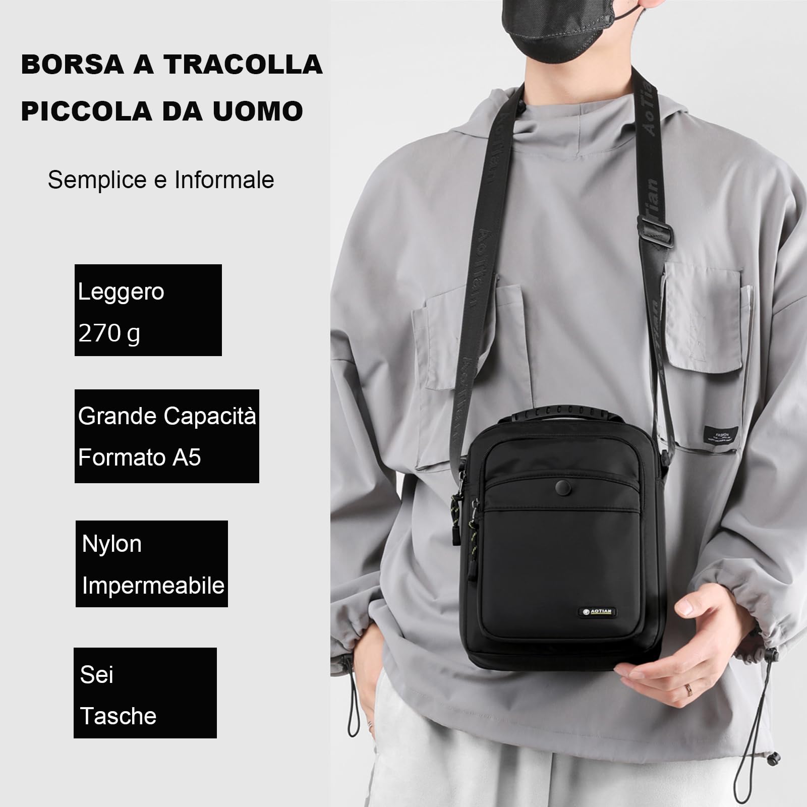 Borsa a tracolla da uomo piccola borsa a tracolla in nylon da lavoro impermeabile leggera casual nera borsa da messaggero per lavoro viaggi all'aperto