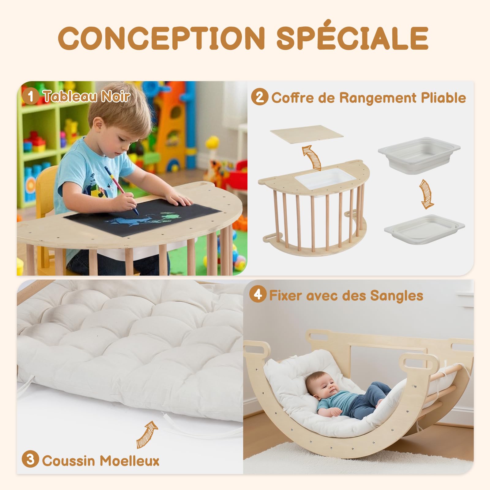 Arche D’escalade Montessori 3 En 1 – Table Sensorielle, Bascule Et But De Foot – Bois De Pin, Bac Pliable, Couverture – 90x50x50 Cm