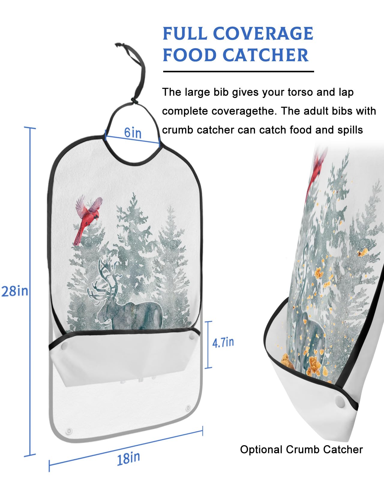 Adult Bibs for Elderly Women - Christmas Waterproof Dining Clothing Protectors with Crumb Catcher for Eating/Feeding, Teal Elk Xmas Tree Birds Winter Snowflake Terry Cloth Bib Machine Washable