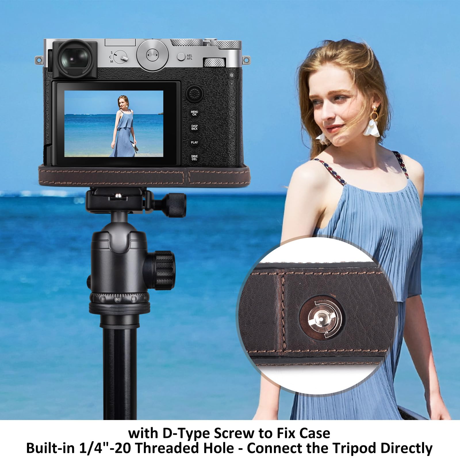 MUZIRI KINOKOO Etui Fuji GFX100 RF, etui ochronne z prawdziwej skóry kompatybilne z aparatem cyfrowym Fuji GFX100 RF/GFX100RF - z otworem na dole i uchwytem na rękę - kawowe