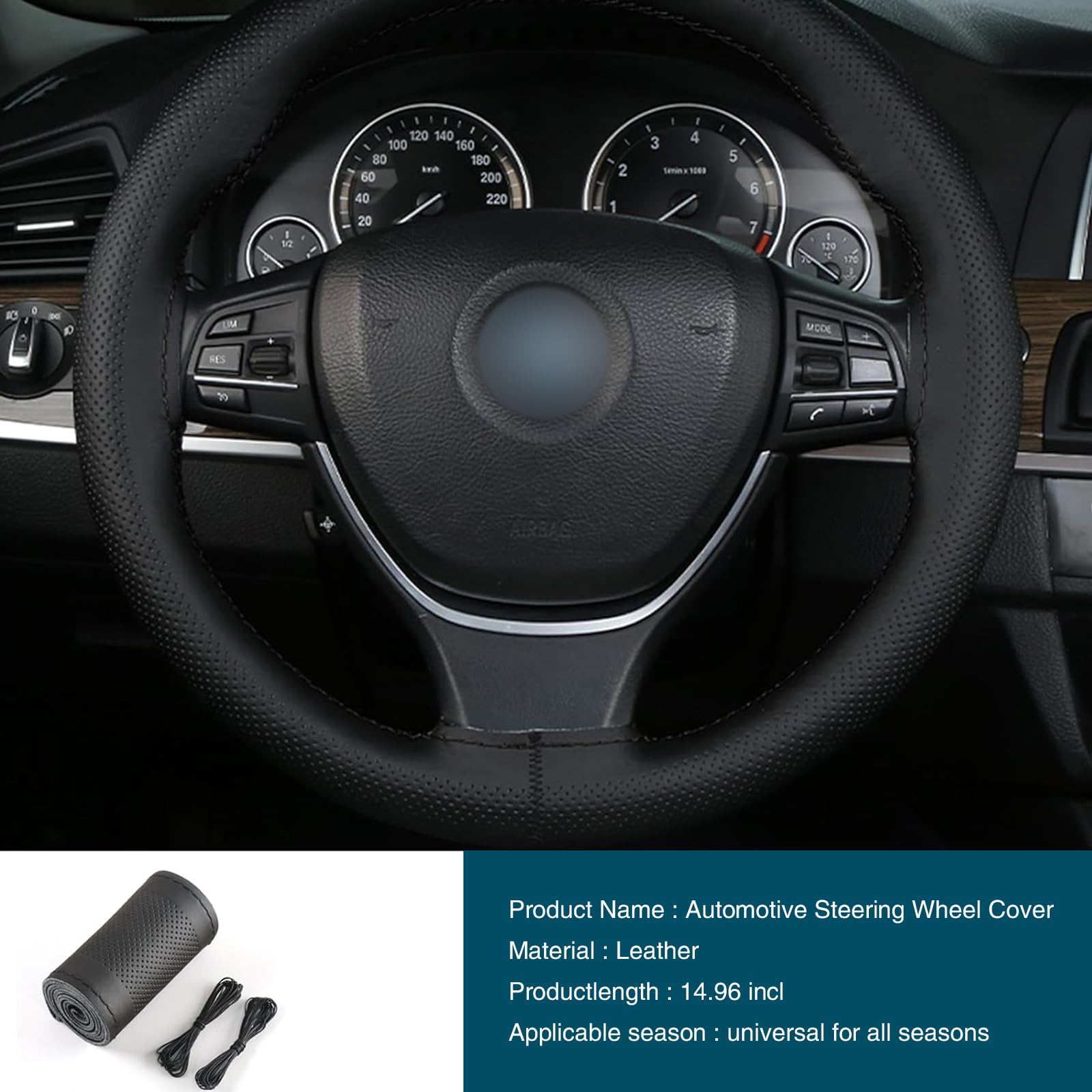 Slykew 1 PC Car Steering Wheel Cover, 14.9In Anti-Slip Durable Leather Wheel Decorative Accessories, Stitch On Wrap, Universal Breathable Waterproof DIY Vehicle Steering Wheel Protector (Black)