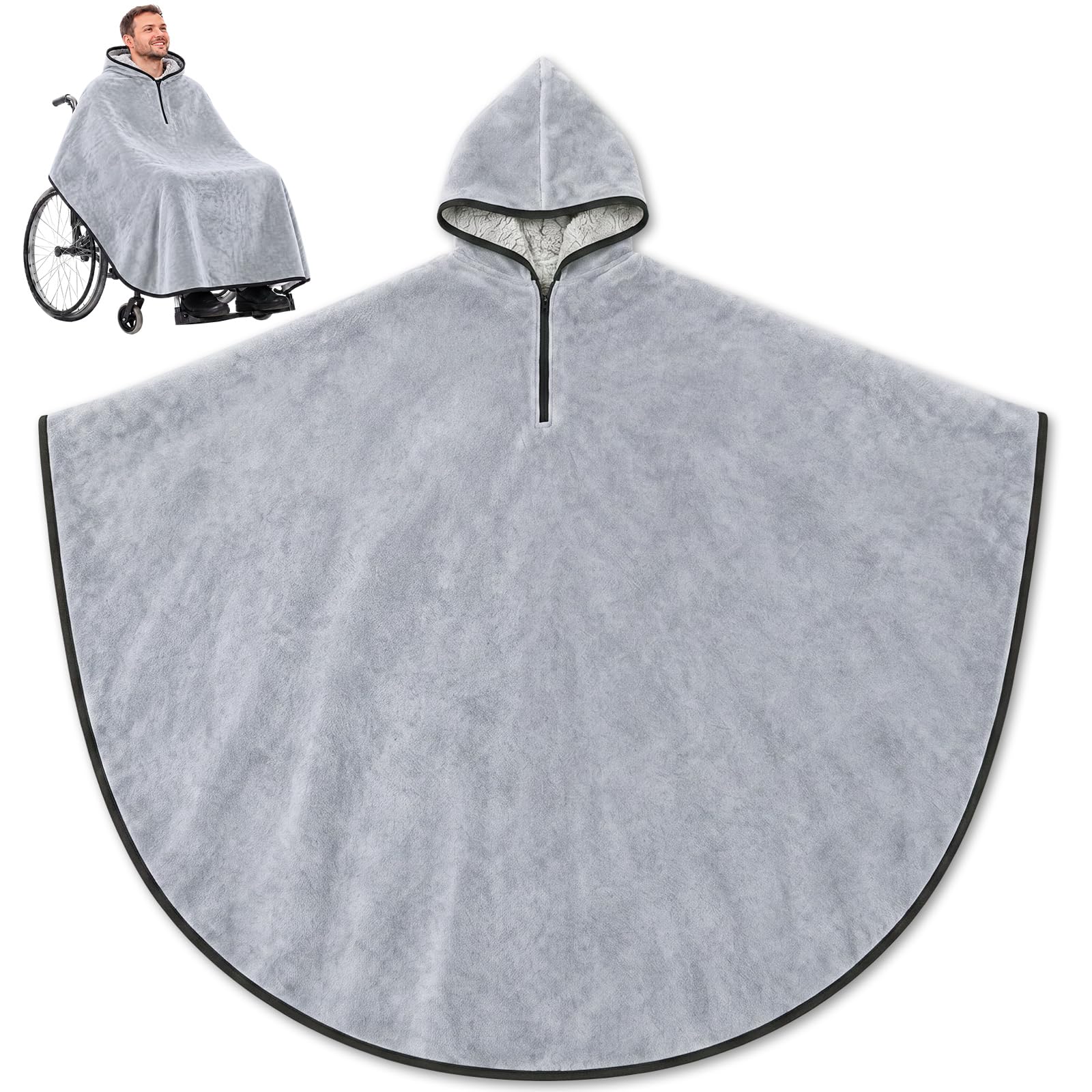 Tranqun Wheelchair Blanket Poncho, Fleece Hood Winter, Grey