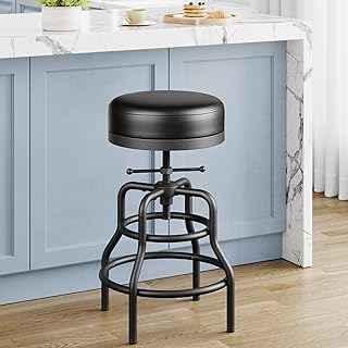 Adjustable Height Swivel Bar Stool, 22-29 Inch Industrial Vintage Bar Counter Height Stool with Thicken Premium Bonded Leather Seat & Updated Footrest, Easy Assembly, Black