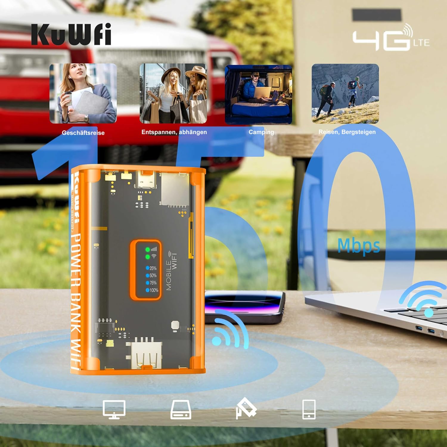 KuWFi Mobilny router 4G LTE WLAN (4G/LTE do 150 Mbit/s do pobrania / 50 Mbit/s upload, przenośny hotspot, akumulator 5200 mAh, kompatybilny ze wszystkimi europejskimi kartami SIM), Plug & Play, do