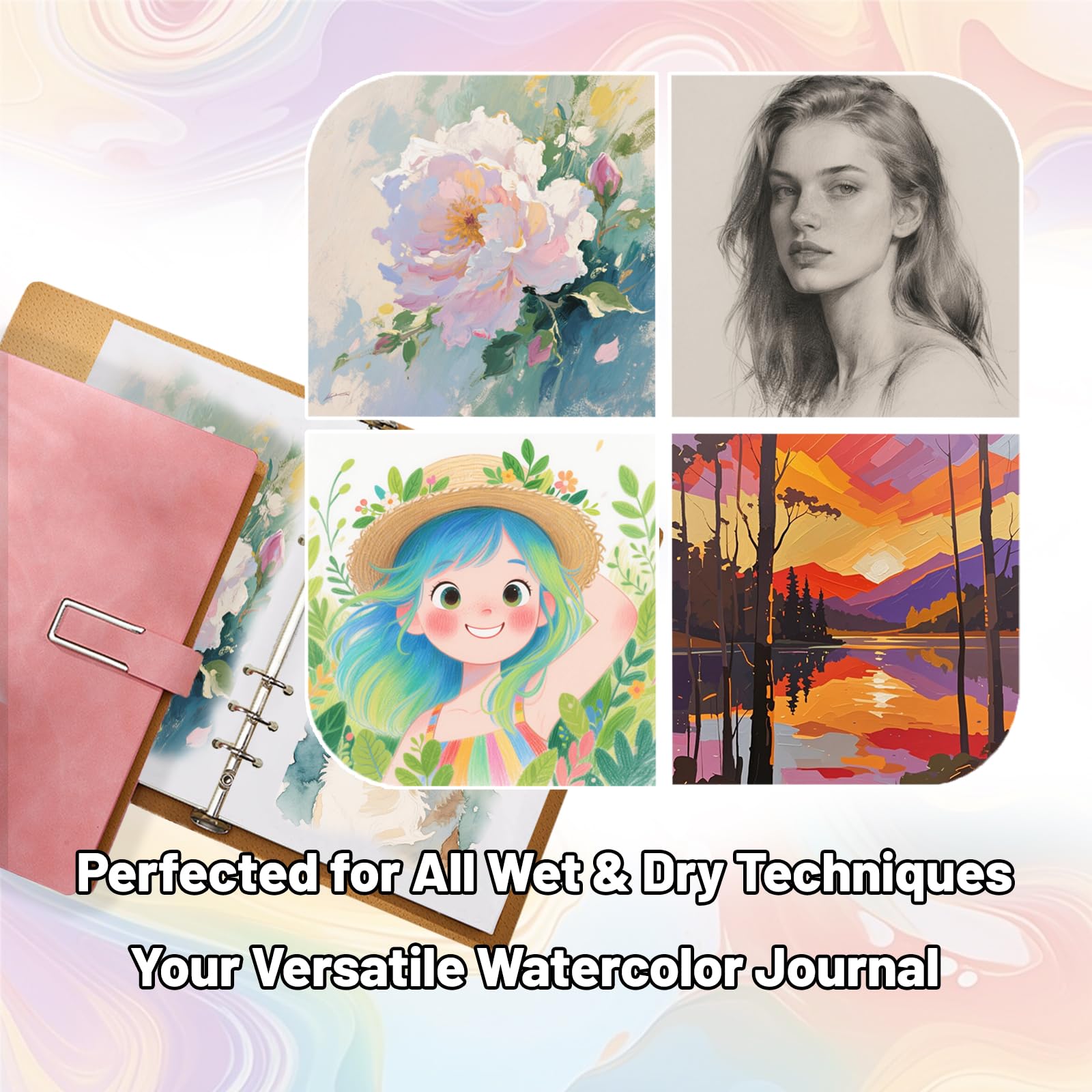 Professionelles Aquarell-Skizzenbuch mit 6-Ringbuch, 20 Blatt, 300 g/m², 100 % Baumwolle, säurefrei, kaltgepresstes Papier, 23,5 x 16 cm, strukturiertes Kunstjournal für Künstler, Studenten und