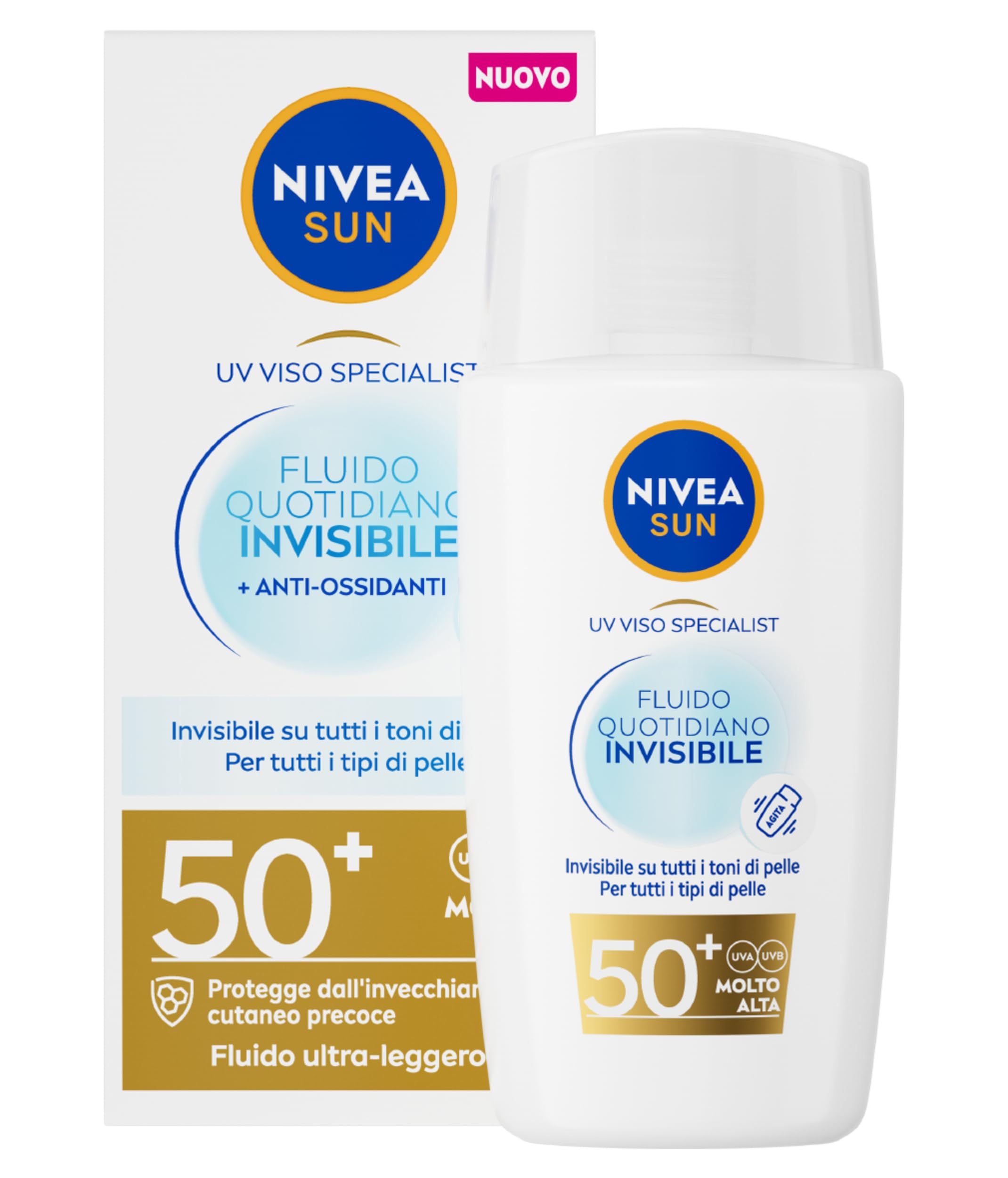 NIVEA SUN Fluido Quotidiano Invisibile SPF 50+ 40 ml, Crema viso SPF 50+ invisibile su tutti i tipi di pelle, Protezione solare viso in fluido ultraleggero e opacizzante ad assorbimento rapido