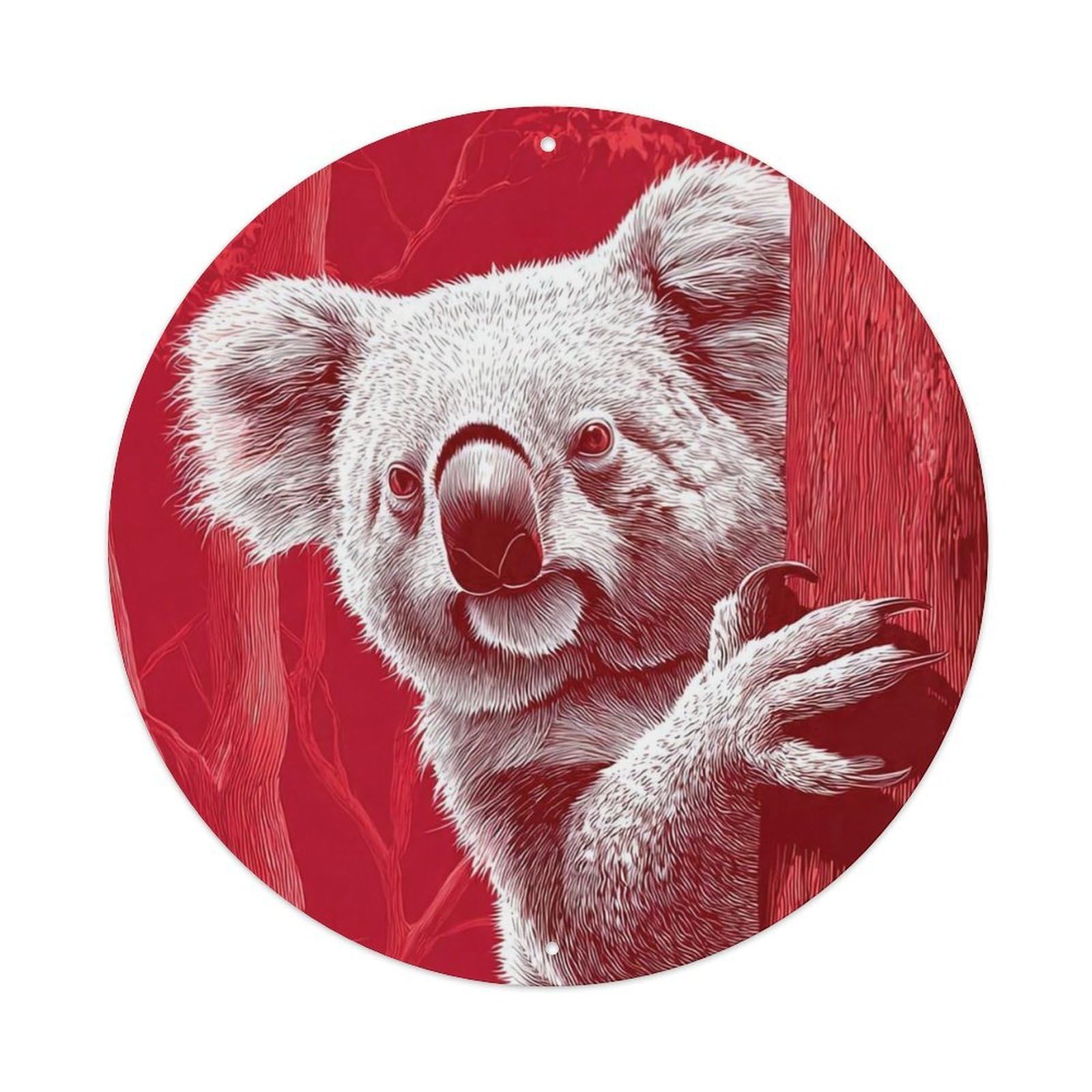 Koala Wildlife Australian Eucalyptus Forest Red Monochrome Vintage Style Vintage Metal Tin Sign Plaque Wall Decor for Cafe, Club Bar, Office, Garden Metal Poster 8x8Inch