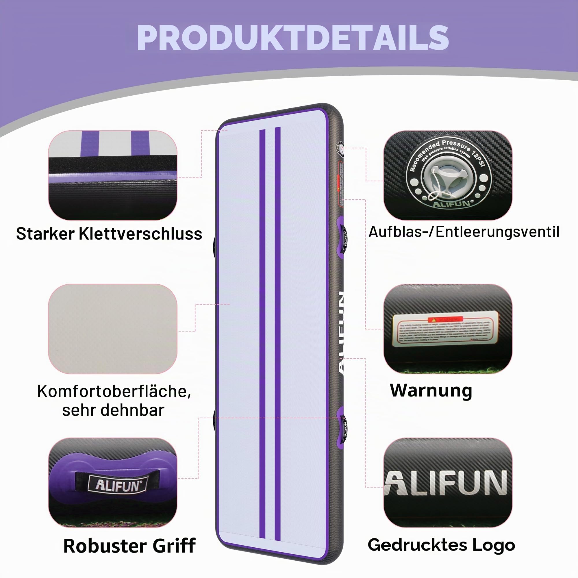 ALIFUN Air Matte Track, 2m/3m/4m/6m Aufblasbar Gymnastikmatte, Turnmatte, Tumbling Matten 10/20cm hoch mit Luftpumpe Geeignet für zu Hause,Fitnessstudio, Training, Cheerleading, Schwimmbad