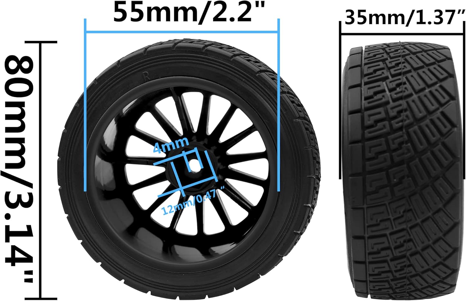 80mm/3.14" Rubber Tires & Plastic Wheel Rims 2.2 Inch 12mm Hex Hub Compatible with 1/10 HPI WR8 Off-Road Rally 1/14 WLtoys 124019 144001 1/16 Redcat Volcano RC Buggy (Black)