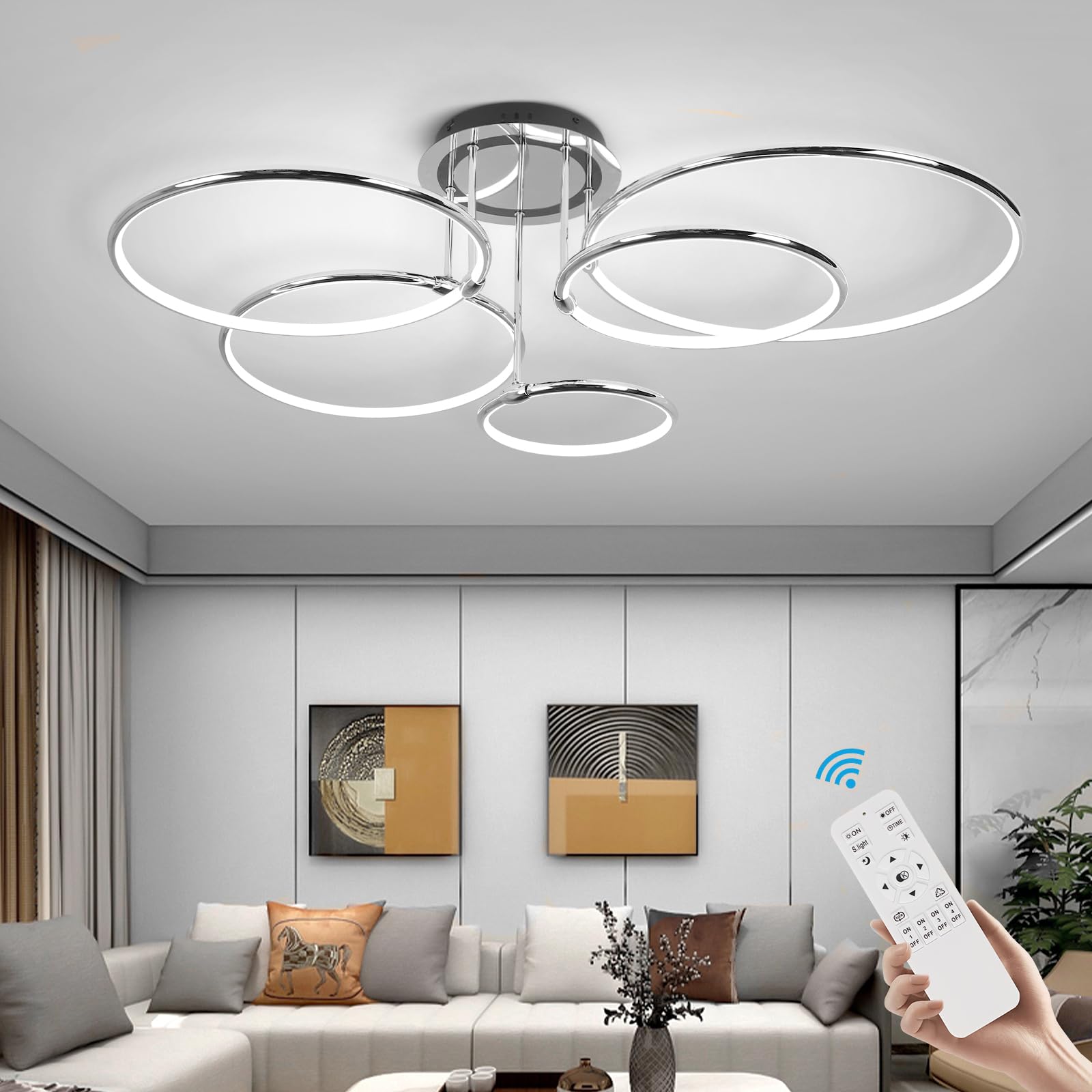 CANEOE Modern Ceiling Light Fixture,Chrome Dimmable Led Ceiling Light with Remote Control for Living Room,5 Rings Flush Mount Ceiling Lamp for Living Room Bedroom Kitchen Lighting Fixtures Ceiling