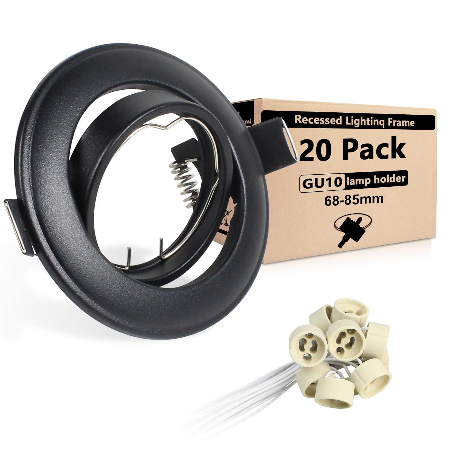 Wondlumi 20X Modern GU10 Downlights for Ceilings 360° Tilt Swivel Recessed Ceiling Lights Metal Frame Round Matt Black Spotlights Fitting, Cutout Hole: 68-85mm, No Bulbs