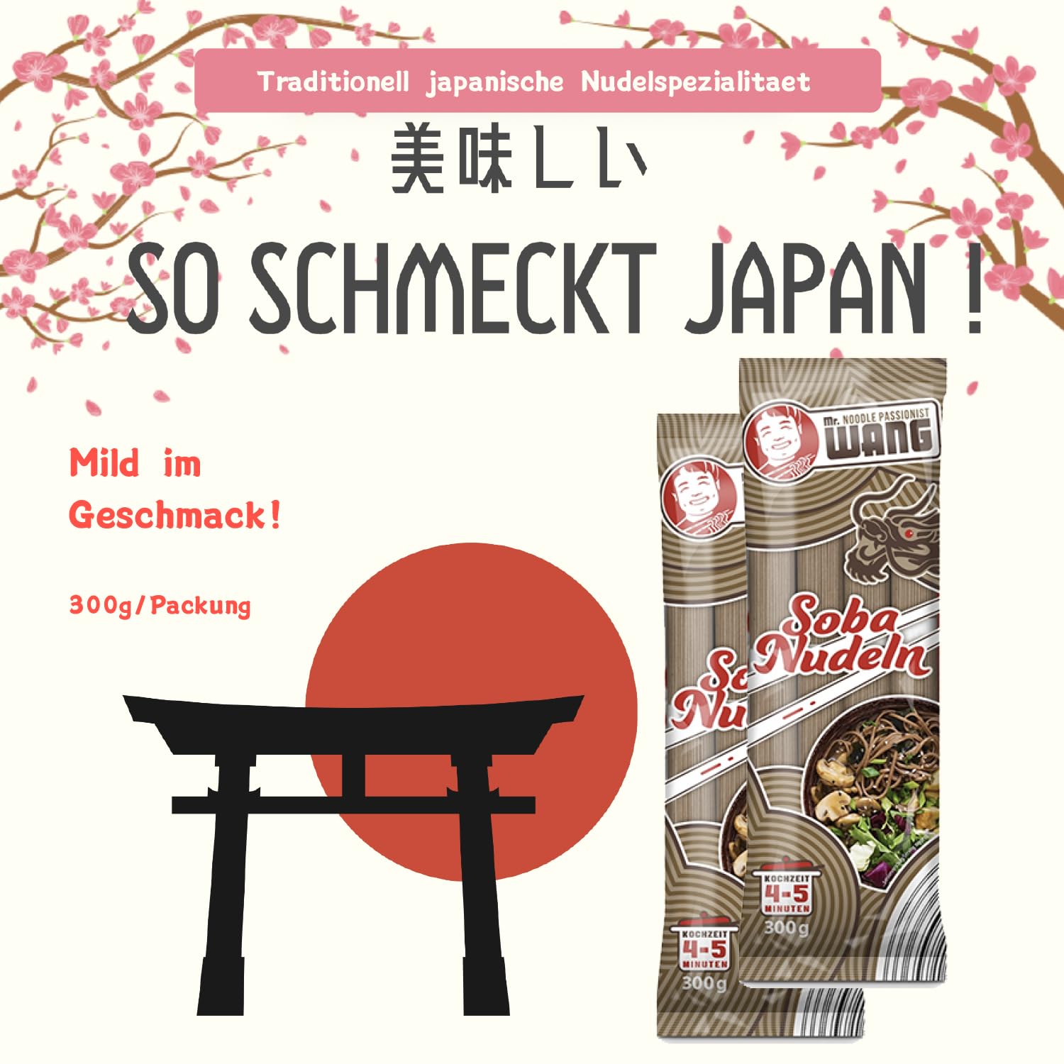 Mr. WANG Pasta de soba, 36 x 300 g, tradicional japonesa de trigo sarraceno, paquete de 36 unidades, perfecto para restaurante, gastro