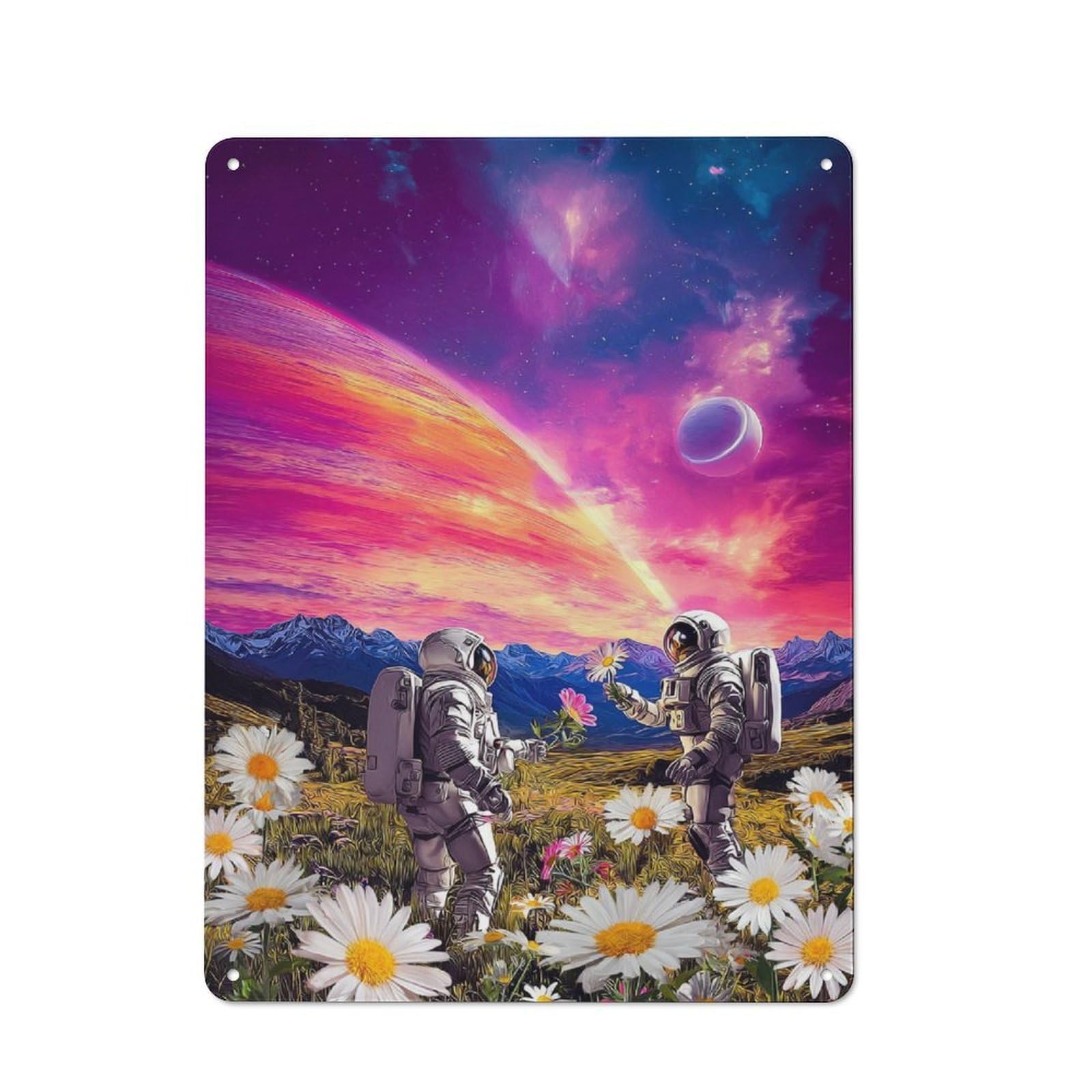 Junmoney Astronauts In A Field Of Flowers -3 Industrial Decorative Metal Plaque 40X30cm Featuring Urban Room Decor For Flat, Bar, Studio Or Gallery Wall