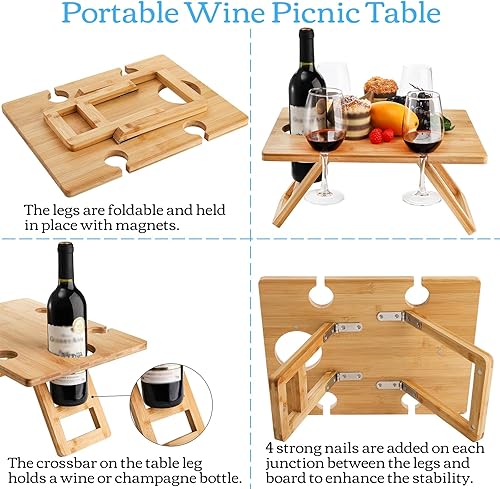 Miniatura 4 de Youeon Mesa de picnic portátil para vino con 5 soportes para copas de vino, mesa plegable de champán para aperitivos, mesa de vino y queso para