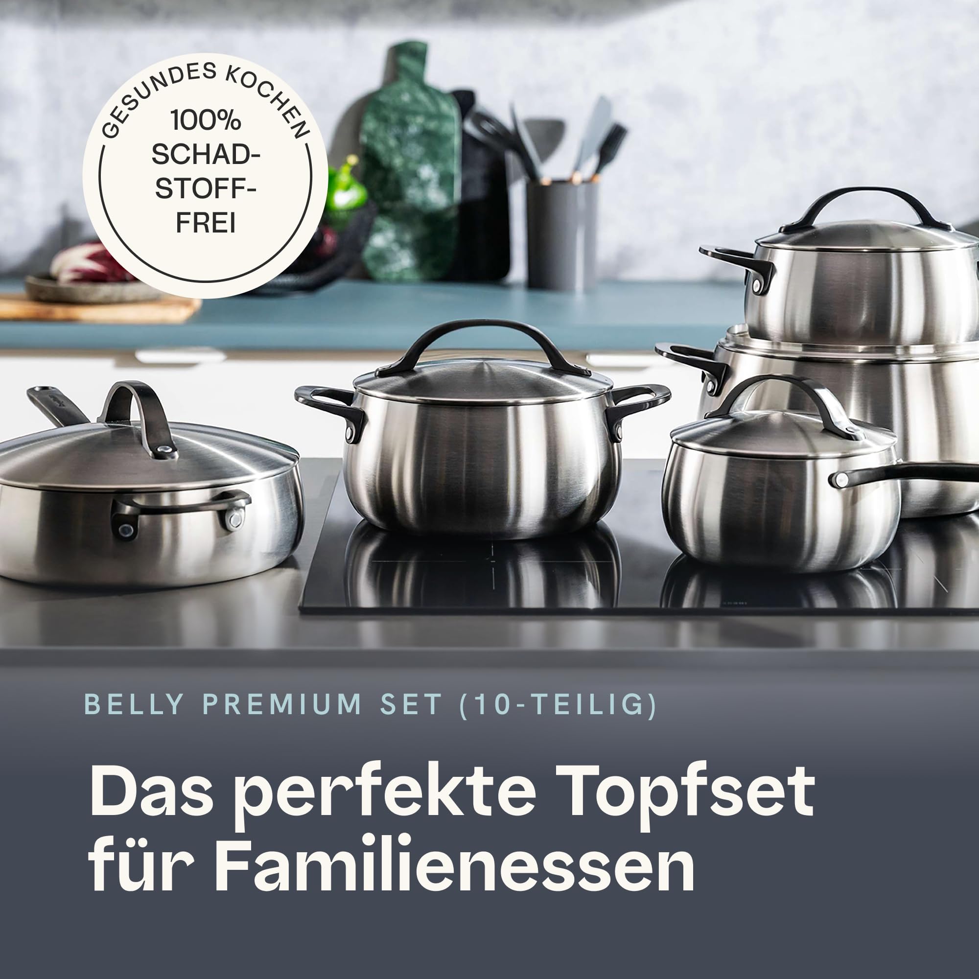 BergHOFF Home Topfset Edelstahl – 10-tlg. – Kochtopf Set mit Deckel - Töpfe Set Induktion, Ceran-, Gasherd & Elektroherd geeignet – Topf Set - schwarz