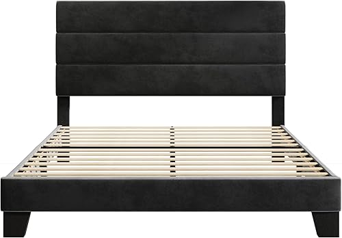 Miniatura 40 de HOOMIC Base de cama de tamaño matrimonial con cabecero, plataforma tapizada de tela con soporte de listones de madera fuerte, base de colchón, no