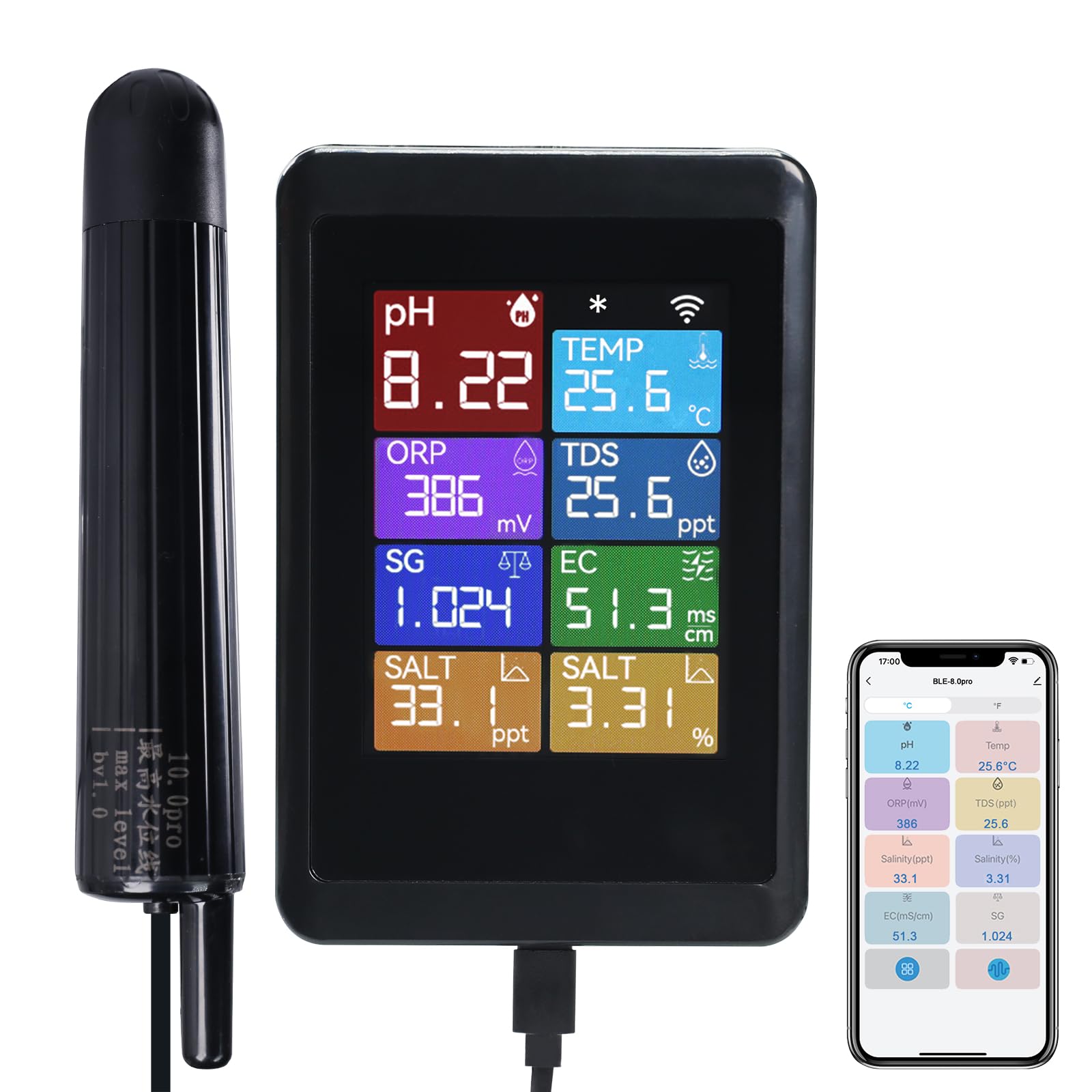 Inteligentne WLAN-pH-Messgerät, 8-in-1-Wasserqualitätstester for Hydroponik, Aquarian i Pools, misst pH, EC, TDS, Salzgehalt, ORP, SG i Temperatur dla App-Steuerung.