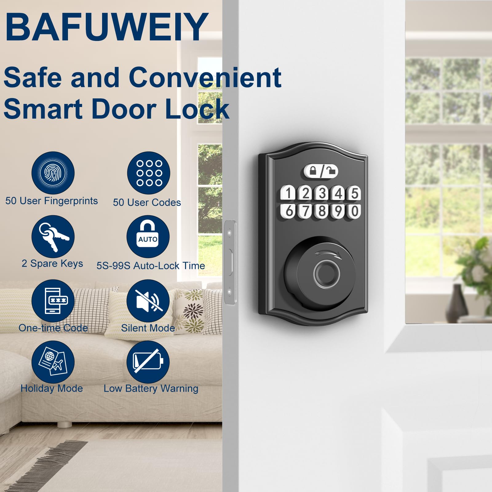 BAFUWEIY Smart Door Lock, Keyless Entry Door Lock, Fingerprint Door Lock Keypad Deadbolt with 2 Keys, Smart Locks for Front Door, Easy Install, Auto Lock, Black