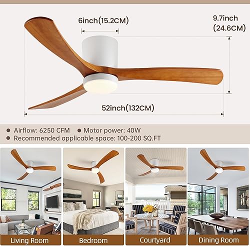 Miniatura 3 de GESUM Ventilador de techo con luces, ventilador de techo de perfil bajo de 52 pulgadas con 3 aspas de madera, reversible, regulable, ventilador de