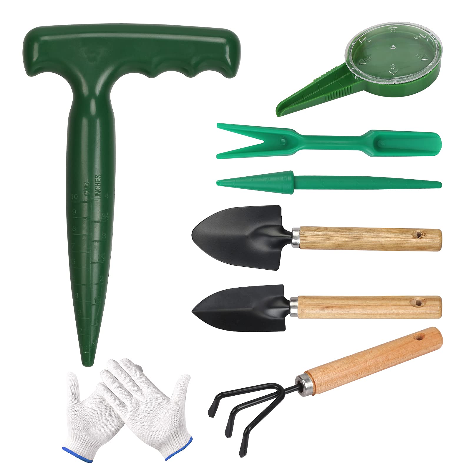 TGFIX Garden Tool Set Garden Hand Tool Sow Traditional Sets Pistol Grip Dibber, Sowing Seeds Dispenser, Seedlings Dibber, Widger, Shovel, Rake, Spade Garden Gifts