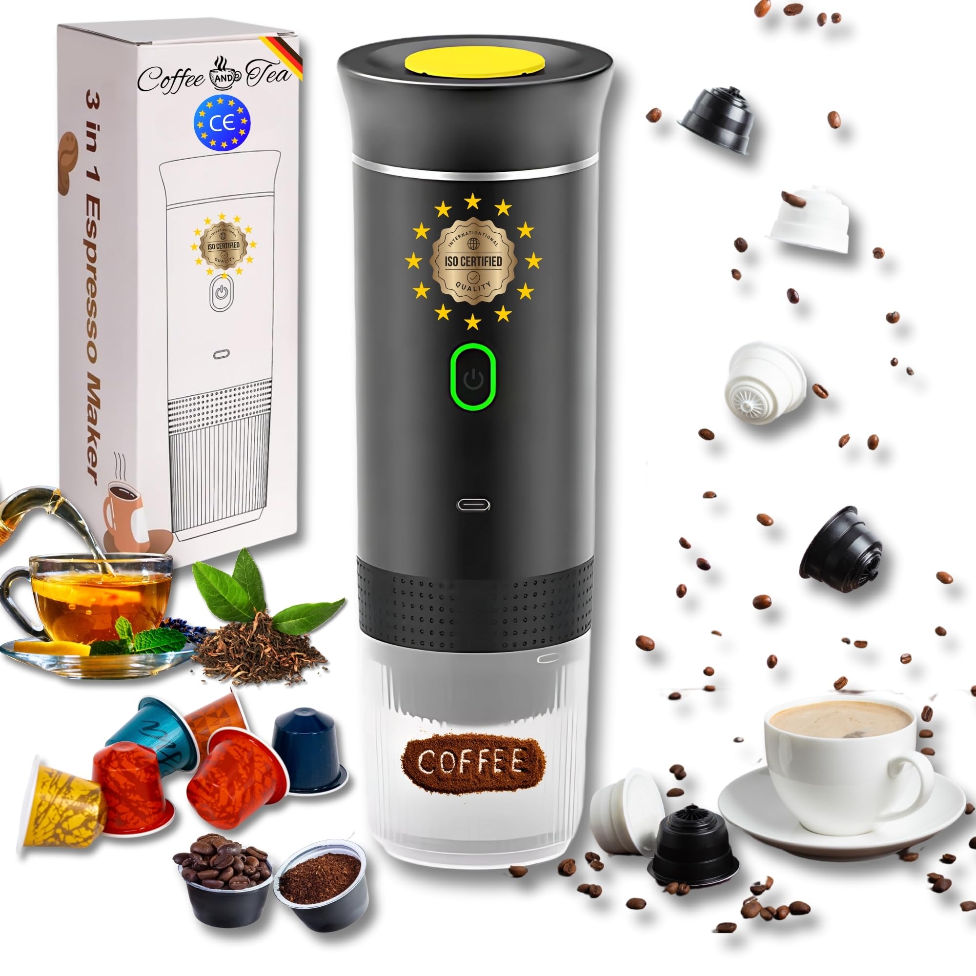 Cafetera Portatil Capsulas, Cafetera Multicapsulas y Molido, Maquina de Cafe, Cafetera Capsulas Portatil, Calienta Agua Batería Recargable USB, Ideal Viajes, Camping y Oficina