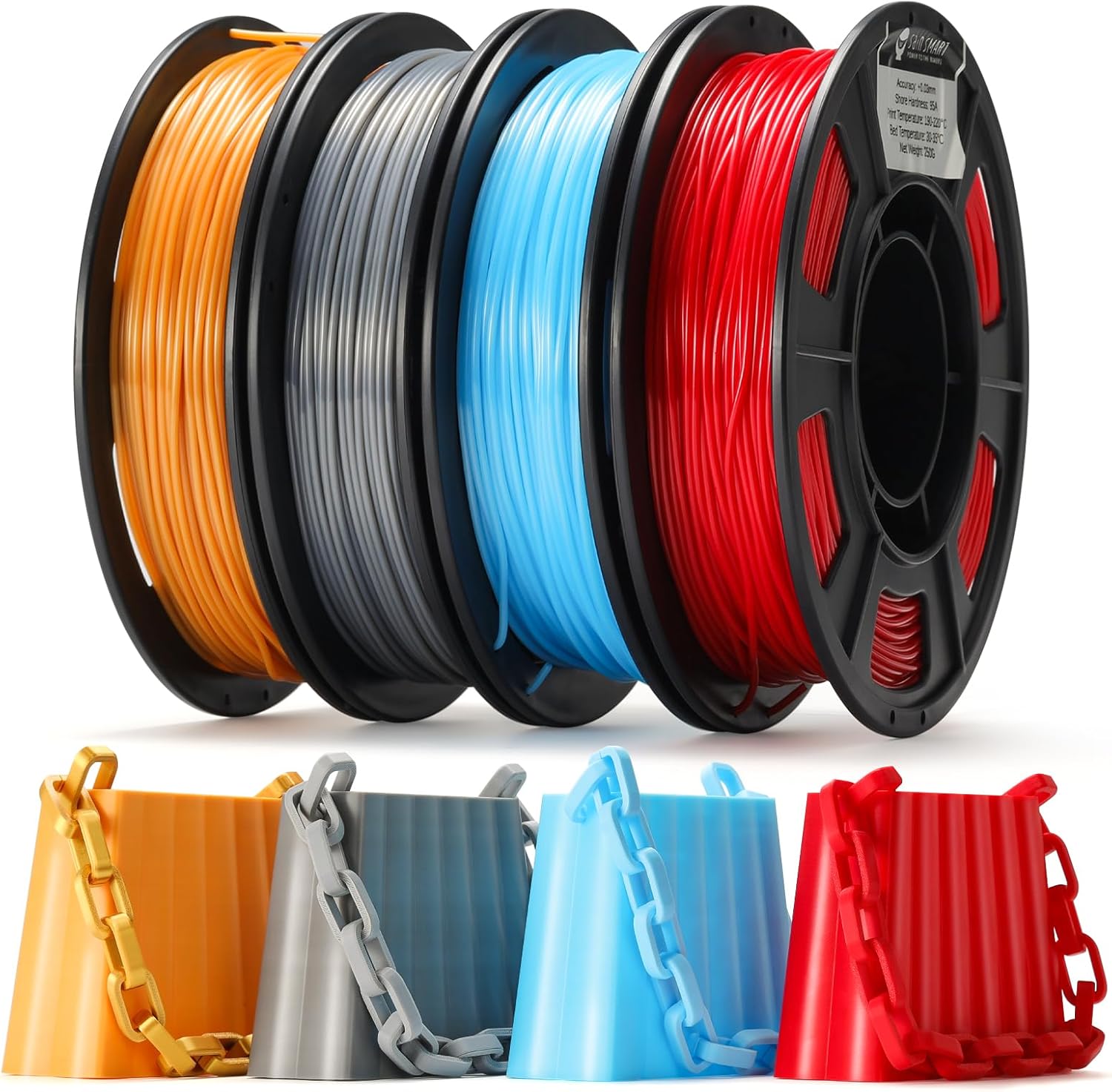 SainSmart Silk TPU Filament Bundle, Flexible 95A TPU 3D Printer Filament, 1.75 mm, Dimensional Accuracy +/- 0.03 mm, Glossy Silk Surface, 4x250g Bundle, Gold, Dark Silver, Blue, Red