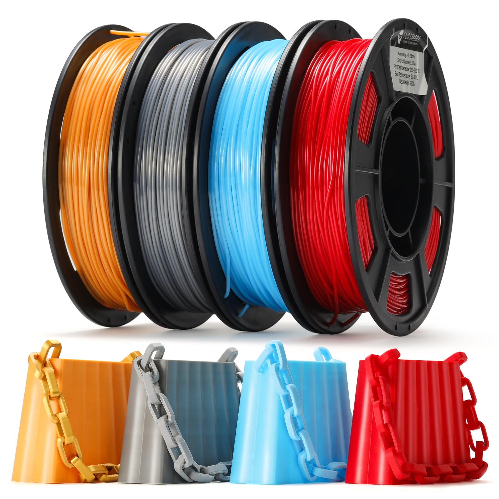 Zestaw filamentów SainSmart Silk TPU, elastyczny filament TPU do drukarek 3D 95A, 1,75 mm, błyszcząca powierzchnia jedwabista, zestaw 4 x 250 g, złoty, ciemnosrebrny, niebieski, czerwony
