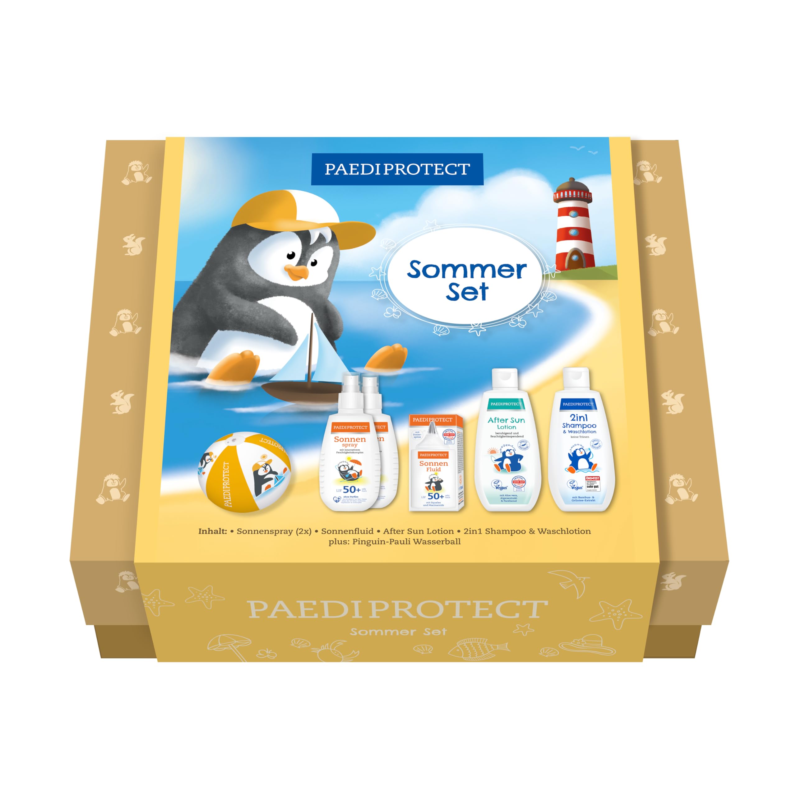 PAEDIPROTECT set estivo per neonati e bambini prodotti per la protezione solare e la cura della pelle, incl. 2x crema solare marina, 1x crema solare per il viso, 1x shampoo e lozione 2in1, 1x lozione