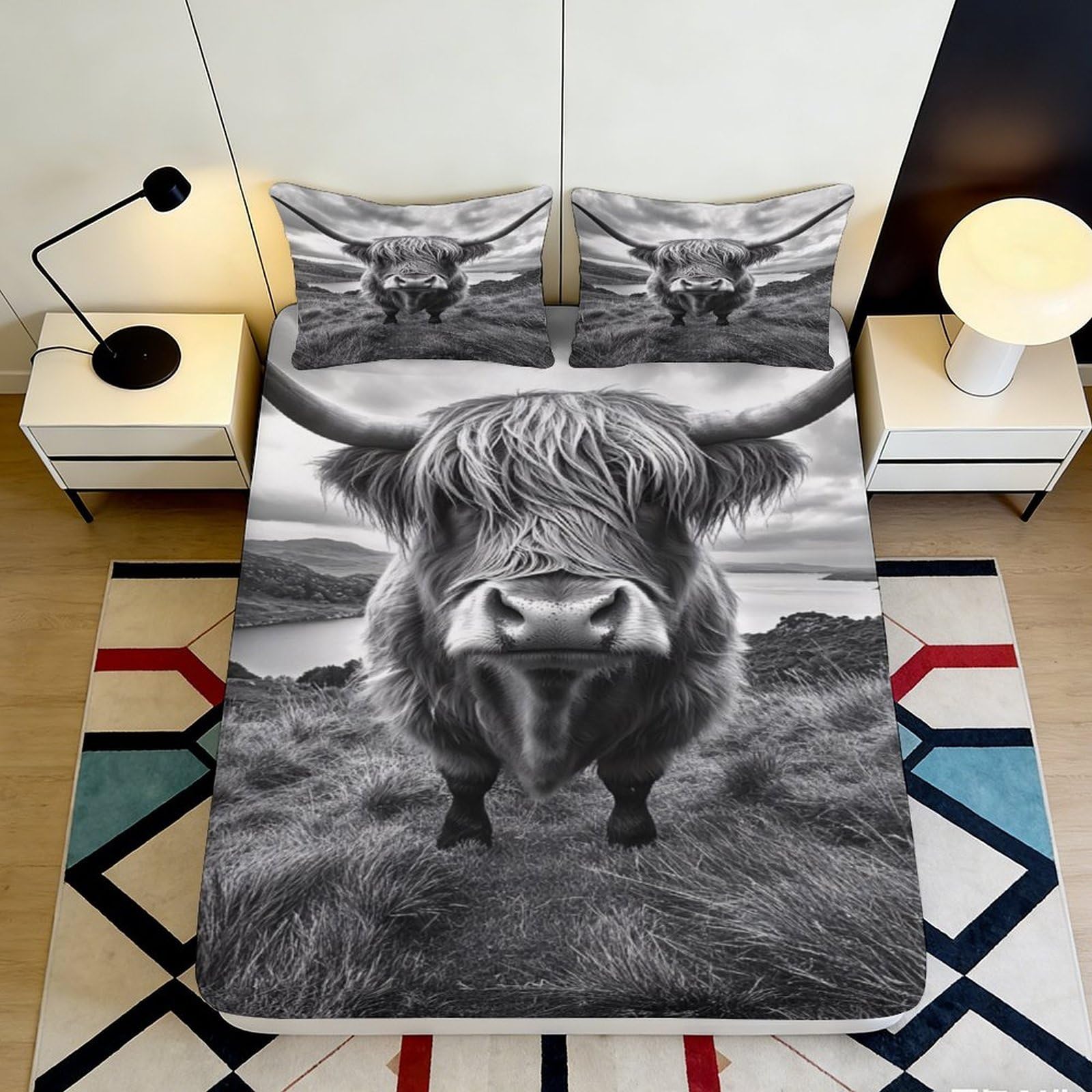 3D Printed Highland Cow Fitted Sheet Microfiber Soft Breathable Scottish Landscape Bed Cover for Bedroom Dorm Mattress Protection Decor 90x200x25cm