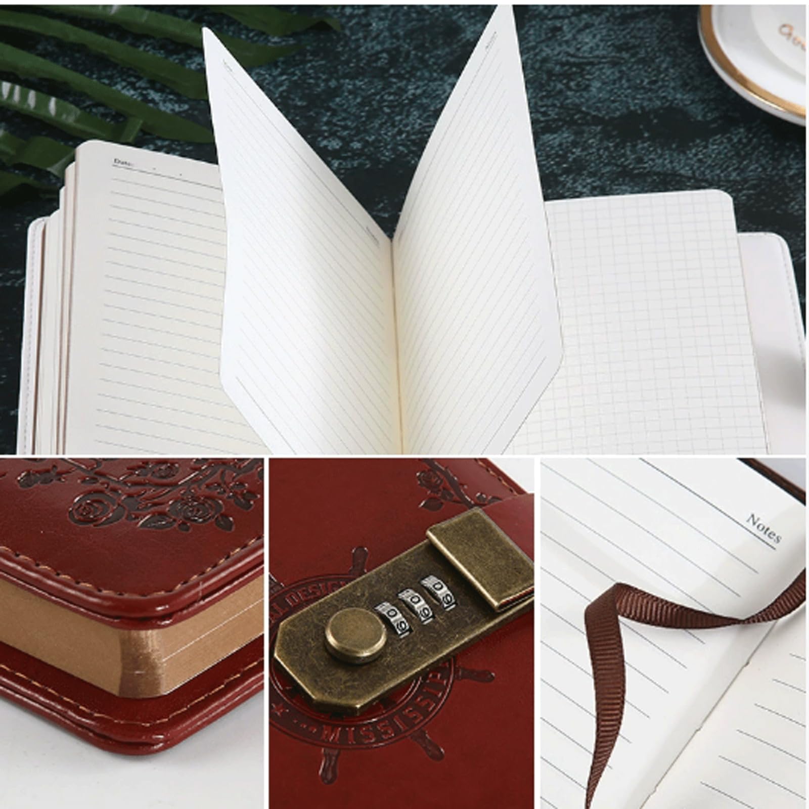 Carnet de notes rétro en cuir PU B6 avec cadenas, planificateur, mot de passe, agenda, carnet de notes for fournitures scolaires(Black)