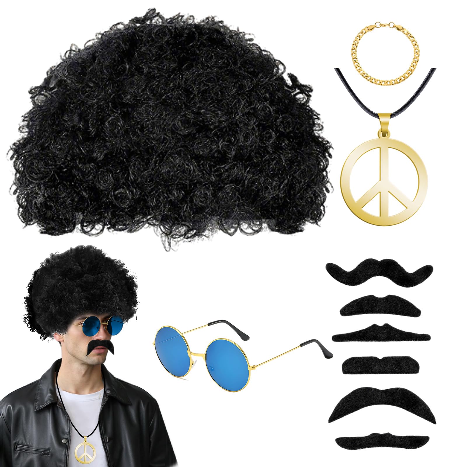 atnayo 10 Pcs 60s 70s 80s Fancy Dress Mens Set, Outfit Accessories with Afro Wig Glasses Bracelet Moustache Peace Sign Necklace for Disco Party