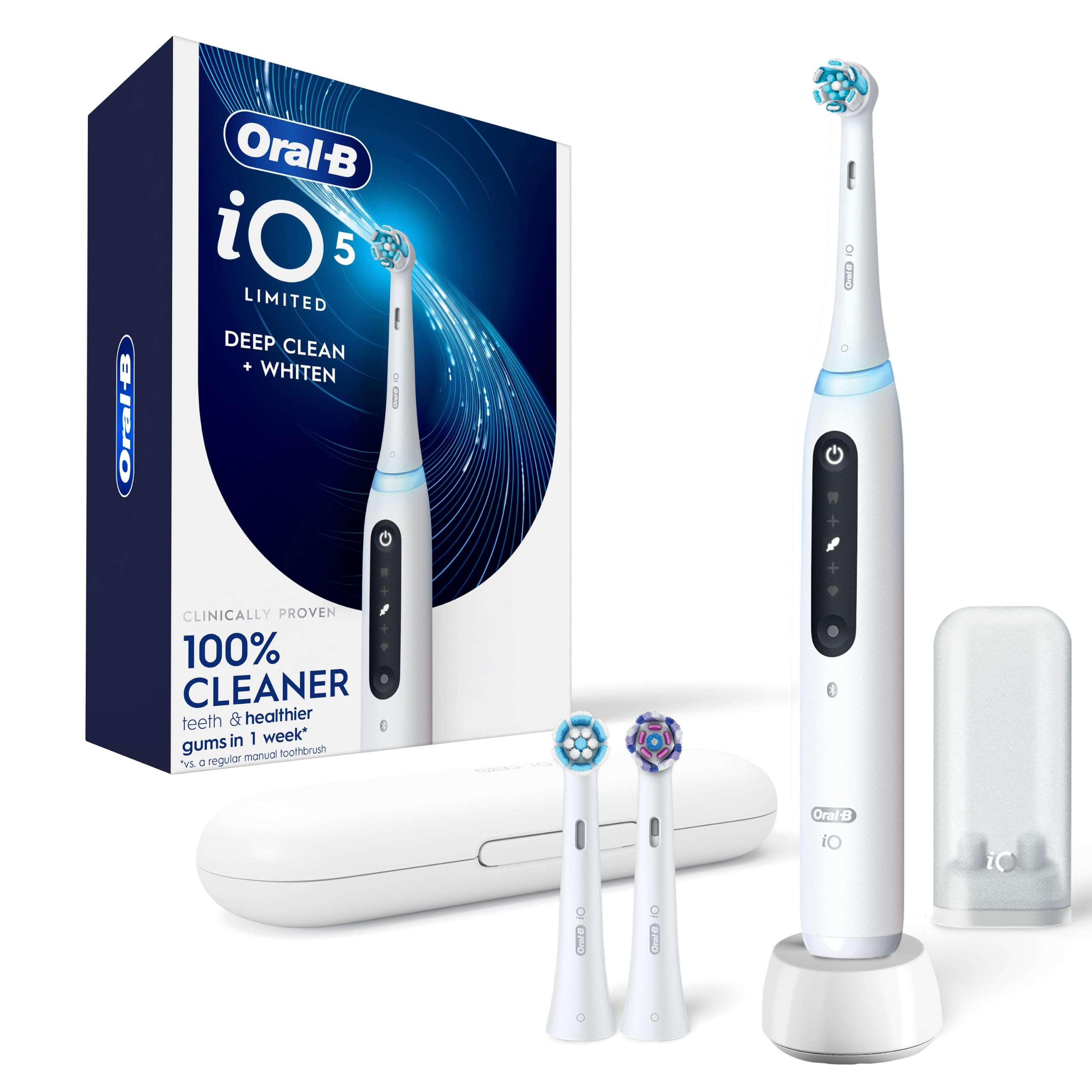Oral-B Rechargeable Electric Toothbrush, iO5 Limited Deep Clean & Whiten, 5 Cleaning Modes, Visual Pressure Sensor to Protect Gums, Travel Case, 3 Brush Heads, White