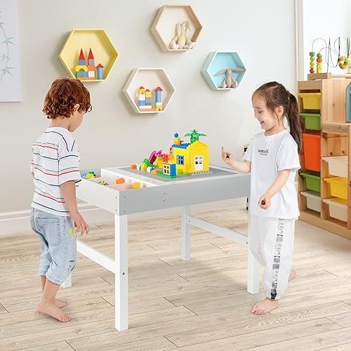 Miniatura 4 de Costzon Mesa para niños, escritorio de madera 3 en 1 con almacenamiento, mesa de doble cara para artes infantiles, manualidades, dibujar, leer,