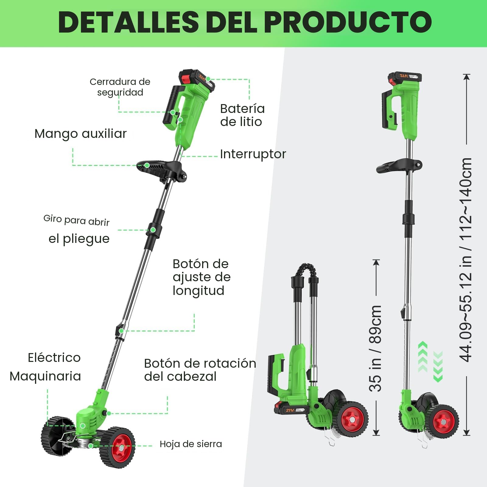 Desbrozadora Batería Plegable con Ruedas, Cortabordes Eléctrico 800W, 2 Baterías 21V (Compatible Makita 18V), 4 en 1, 13 Accesorios, Cabezal 90° y Mango Ajustable, para Jardín Césped (Verde)