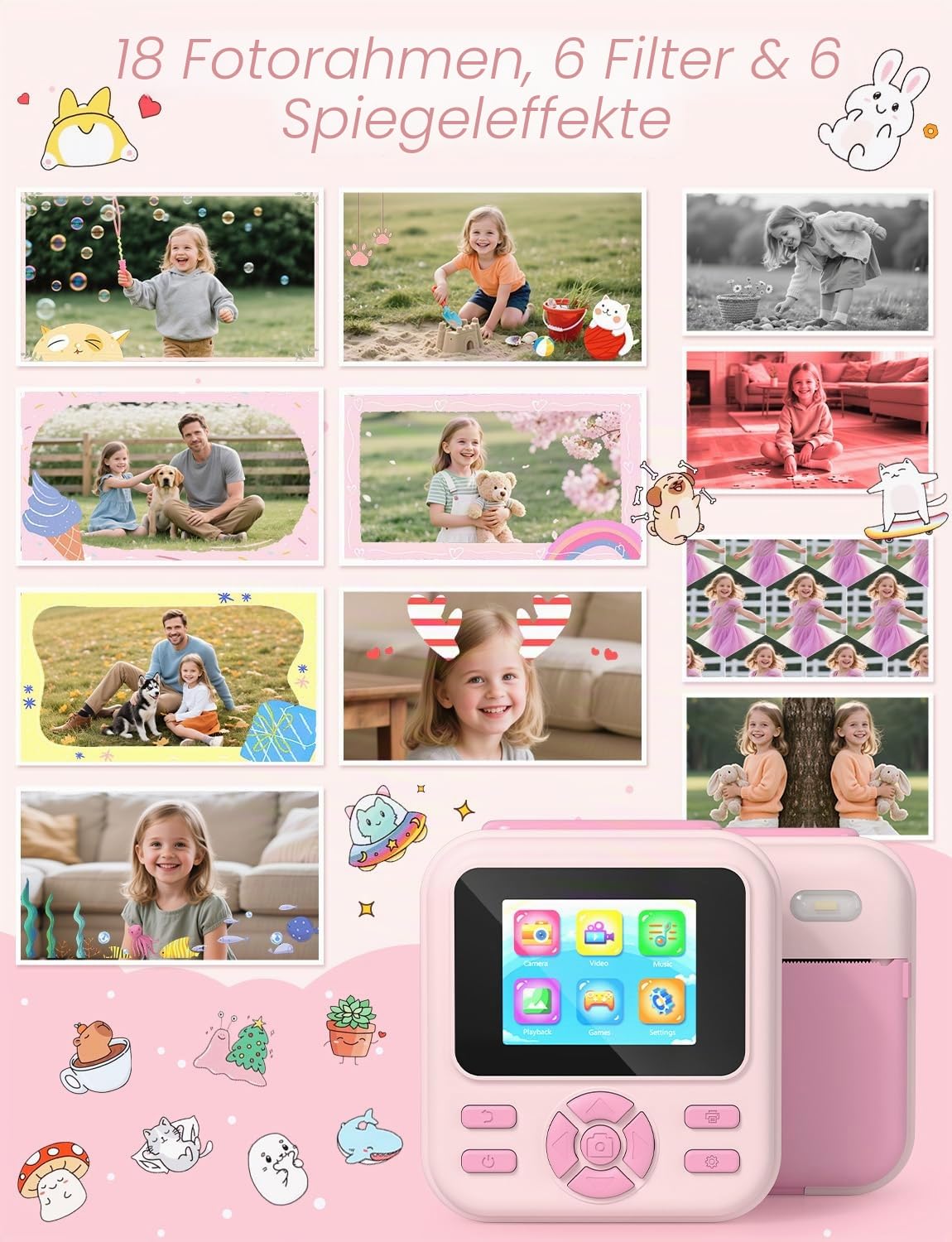 YOHOOLYO Sofortbildkamera Kinder 2,4 Zoll 1080P HD Kinderkamera mit 3 Rollen Druckpapier 32GB Karte Farbigen Stiften Aufkleber Geschenke für Jungen und Mädchen 3-12 Jahre (Rosa)