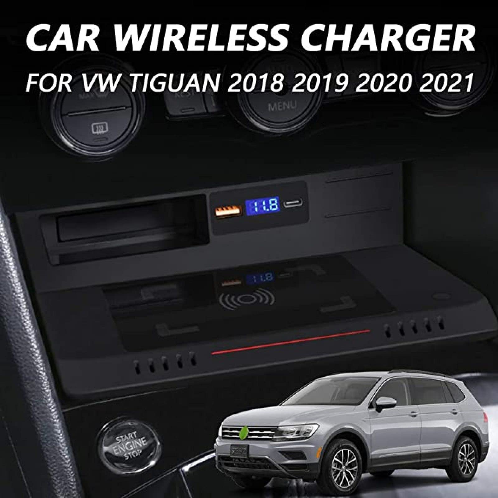 Cargador de Coche inalámbrico para VW TIG-UAN 2018 2019 2020 2021 Panel de Accesorios de Consola Central Cargador rápido inalámbrico de 15 W con Puerto USB QC3.0 y Puerto PD de 18 W para Cualquier